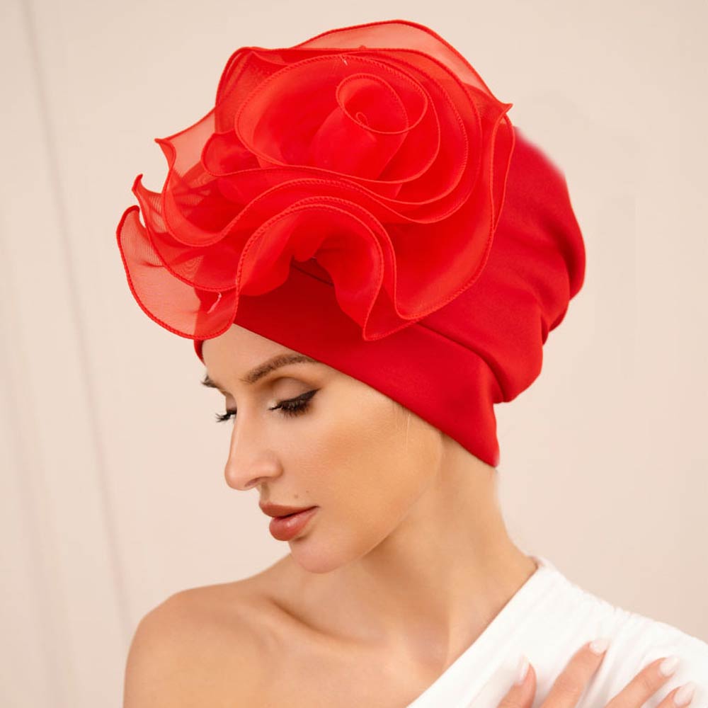 Bold Organza Flower Accent Statement Turban Hair Wrap 