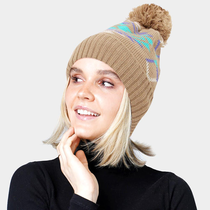 Taupe Pom Pom Western Pattern Beanie Hat