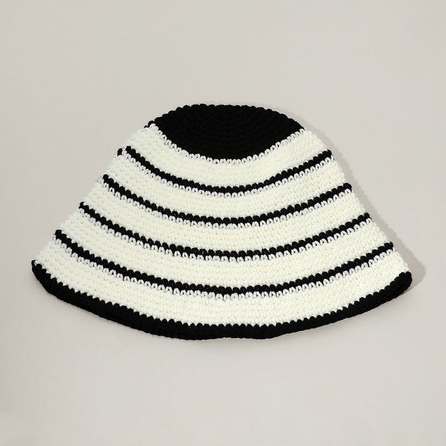 Madeline Love Black, White Wire Inserted Rim Crochet Knit Striped Pattern Bucket Hat - Hats