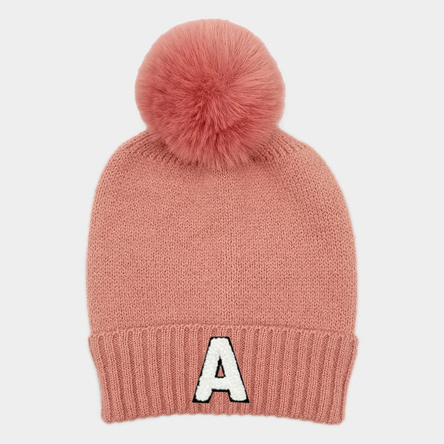 Madeline Love Pink -A- Initial Monogram Faux Fur Pom Pom Knit Beanie Hat - Hats