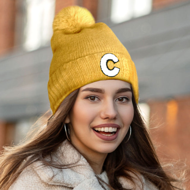Madeline Love Mustard -C- Initial Monogram Faux Fur Pom Pom Knit Beanie Hat - Hats