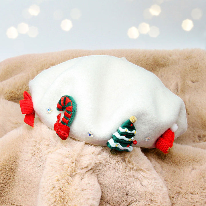 White Wool Blended Christmas Charm Pointed Beret Hat