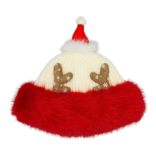 Fuzzy Fur Antlers Accent Christmas Knit Beanie Hat - Clear White