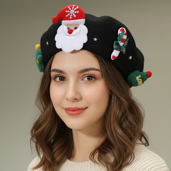 Festive Christmas beret hat featuring a cheerful Santa design, candy cane, and holiday-themed details. A playful accessory perfect for parties, gatherings, and seasonal outfits. Add charm and holiday cheer to your winter look with this fun Christmas hat, ideal for gifting or festive celebrations.
