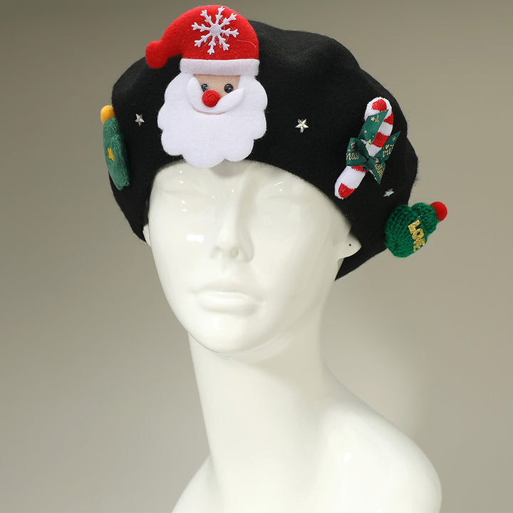 Festive Christmas beret hat featuring a cheerful Santa design, candy cane, and holiday-themed details. A playful accessory perfect for parties, gatherings, and seasonal outfits. Add charm and holiday cheer to your winter look with this fun Christmas hat, ideal for gifting or festive celebrations.