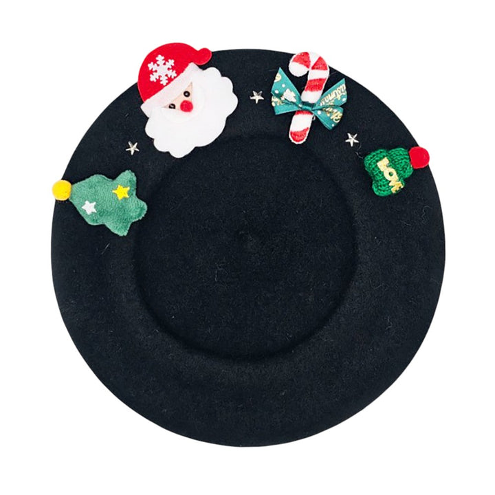 Festive Christmas beret hat featuring a cheerful Santa design, candy cane, and holiday-themed details. A playful accessory perfect for parties, gatherings, and seasonal outfits. Add charm and holiday cheer to your winter look with this fun Christmas hat, ideal for gifting or festive celebrations.