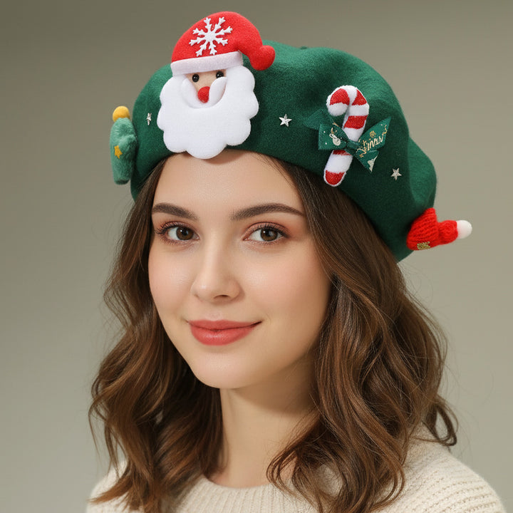 Festive Christmas beret hat featuring a cheerful Santa design, candy cane, and holiday-themed details. A playful accessory perfect for parties, gatherings, and seasonal outfits. Add charm and holiday cheer to your winter look with this fun Christmas hat, ideal for gifting or festive celebrations.