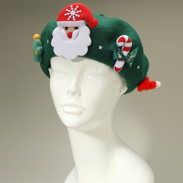 Festive Christmas beret hat featuring a cheerful Santa design, candy cane, and holiday-themed details. A playful accessory perfect for parties, gatherings, and seasonal outfits. Add charm and holiday cheer to your winter look with this fun Christmas hat, ideal for gifting or festive celebrations.