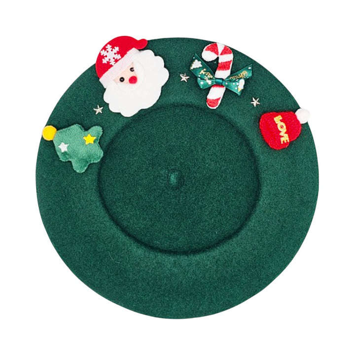 Festive Christmas beret hat featuring a cheerful Santa design, candy cane, and holiday-themed details. A playful accessory perfect for parties, gatherings, and seasonal outfits. Add charm and holiday cheer to your winter look with this fun Christmas hat, ideal for gifting or festive celebrations.