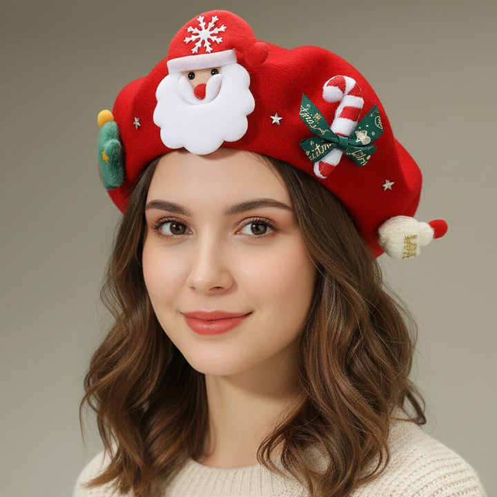 Festive Christmas beret hat featuring a cheerful Santa design, candy cane, and holiday-themed details. A playful accessory perfect for parties, gatherings, and seasonal outfits. Add charm and holiday cheer to your winter look with this fun Christmas hat, ideal for gifting or festive celebrations.