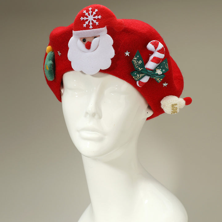 Festive Christmas beret hat featuring a cheerful Santa design, candy cane, and holiday-themed details. A playful accessory perfect for parties, gatherings, and seasonal outfits. Add charm and holiday cheer to your winter look with this fun Christmas hat, ideal for gifting or festive celebrations.