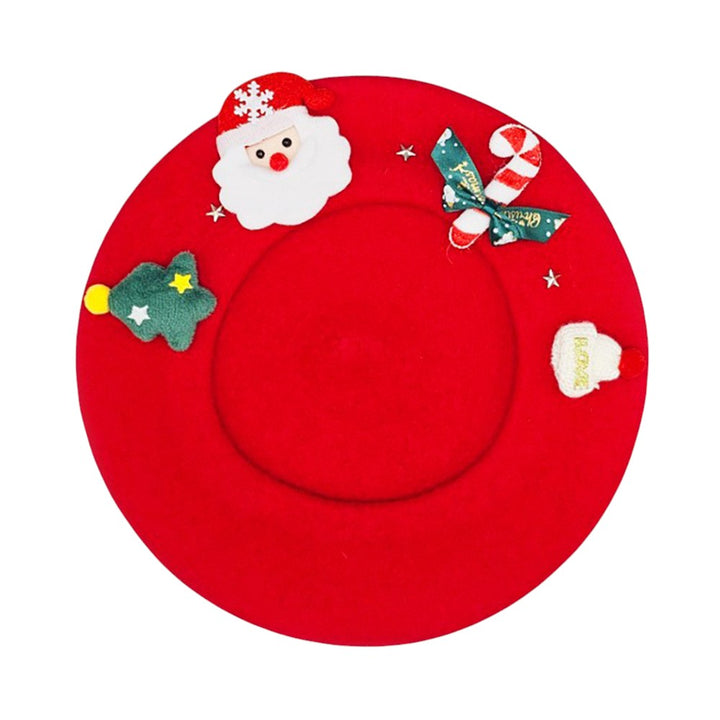 Festive Christmas beret hat featuring a cheerful Santa design, candy cane, and holiday-themed details. A playful accessory perfect for parties, gatherings, and seasonal outfits. Add charm and holiday cheer to your winter look with this fun Christmas hat, ideal for gifting or festive celebrations.