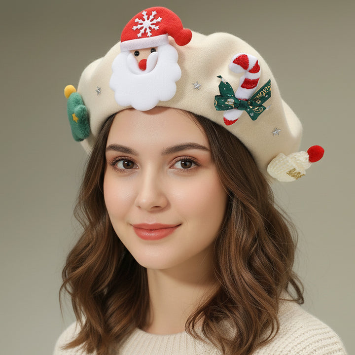Festive Christmas beret hat featuring a cheerful Santa design, candy cane, and holiday-themed details. A playful accessory perfect for parties, gatherings, and seasonal outfits. Add charm and holiday cheer to your winter look with this fun Christmas hat, ideal for gifting or festive celebrations.