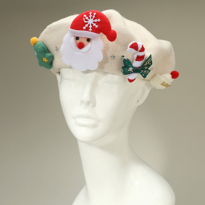 Festive Christmas beret hat featuring a cheerful Santa design, candy cane, and holiday-themed details. A playful accessory perfect for parties, gatherings, and seasonal outfits. Add charm and holiday cheer to your winter look with this fun Christmas hat, ideal for gifting or festive celebrations.