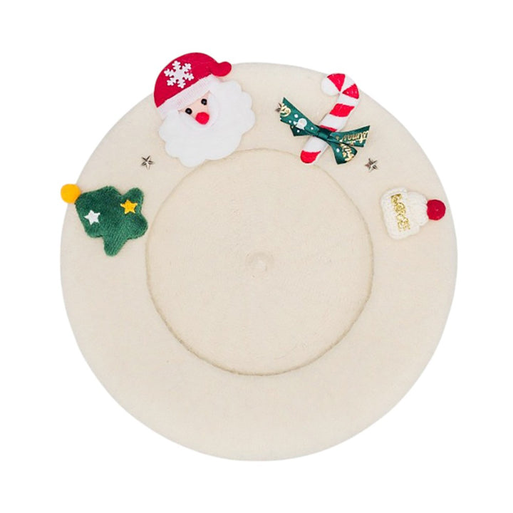 Festive Christmas beret hat featuring a cheerful Santa design, candy cane, and holiday-themed details. A playful accessory perfect for parties, gatherings, and seasonal outfits. Add charm and holiday cheer to your winter look with this fun Christmas hat, ideal for gifting or festive celebrations.