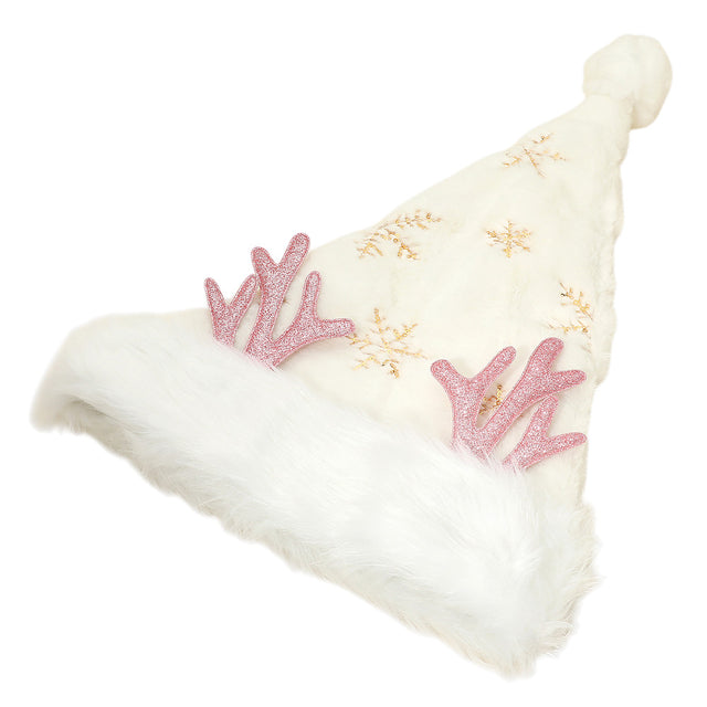 Gold Fluffy Christmas Antler Accent Sequin Snowflake Pattern Santa Hat