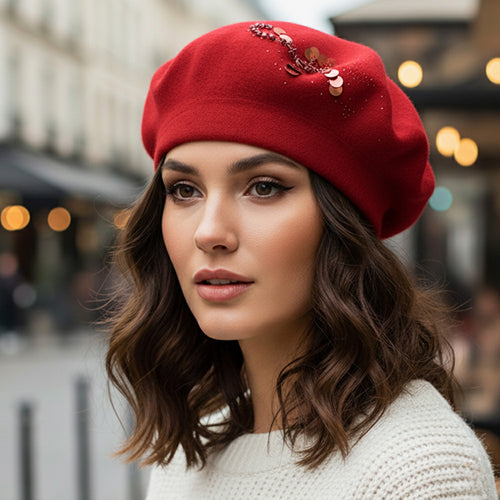 Decorative Sequin Rhinestone Embellished Winter Beret Hat - Burgundy