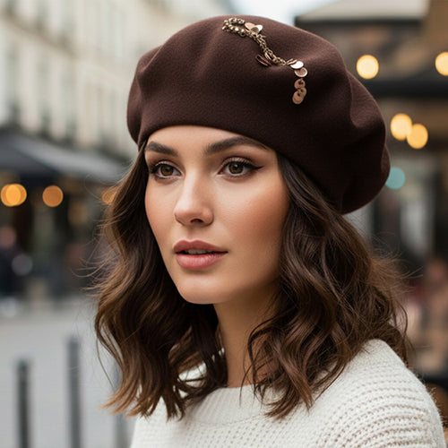 Decorative Sequin Rhinestone Embellished Winter Beret Hat - Dark Brown