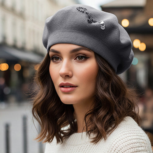 Decorative Sequin Rhinestone Embellished Winter Beret Hat - Gray