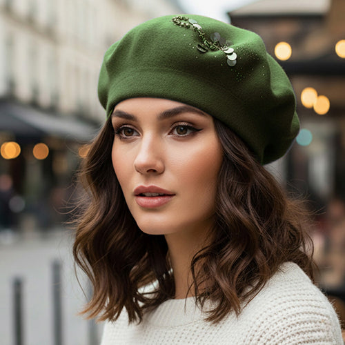 Decorative Sequin Rhinestone Embellished Winter Beret Hat - Olive Green