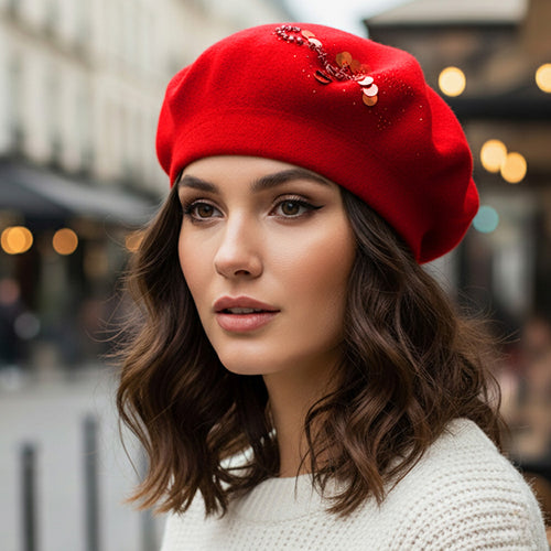 Decorative Sequin Rhinestone Embellished Winter Beret Hat - Red Navy