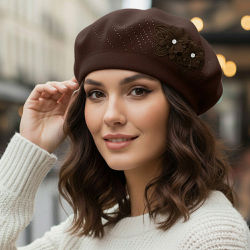 Women's Floral Applique Accent Winter Beret Hat - Dark Brown
