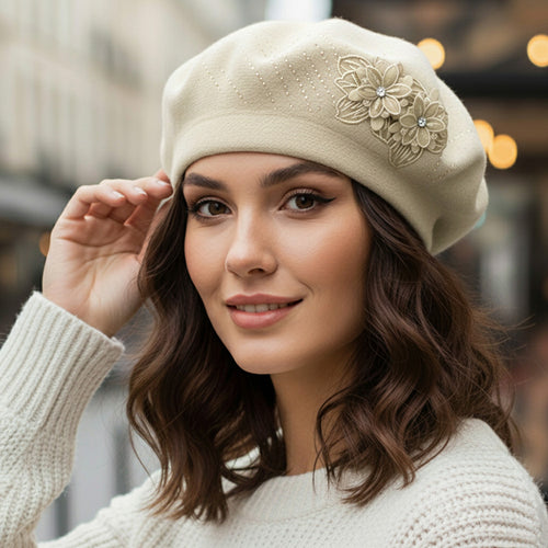 Women's Floral Applique Accent Winter Beret Hat - Ivory
