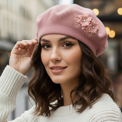 Women's Floral Applique Accent Winter Beret Hat - Light Pink