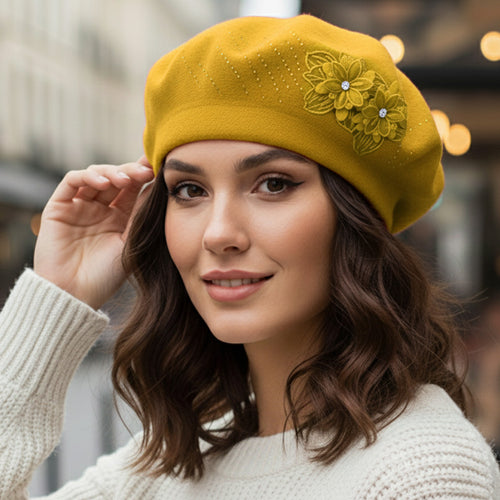 Women's Floral Applique Accent Winter Beret Hat - Mustard