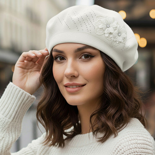 Women's Floral Applique Accent Winter Beret Hat - Clear White