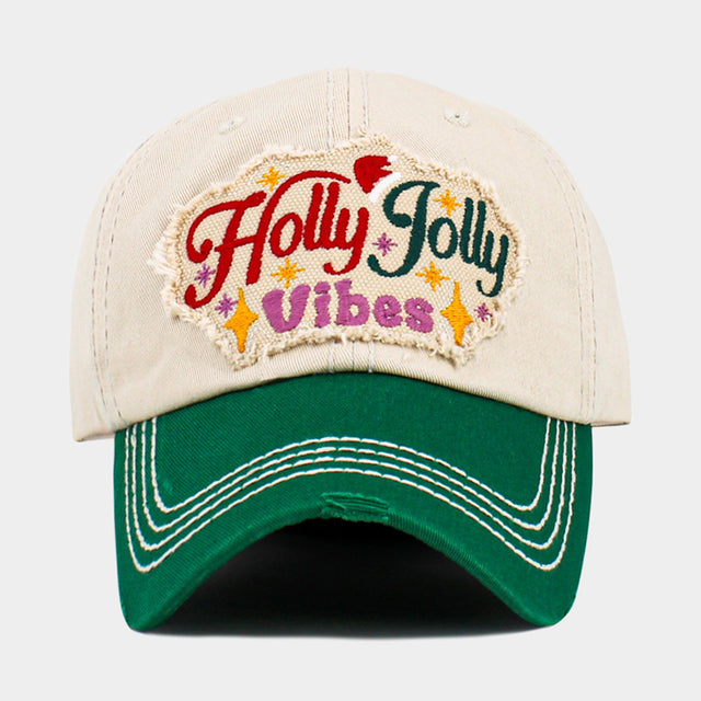 Madeline Love Green, Neutral HOLLY JOLLY Vibes Message Embroidered Christmas Vintage Baseball Cap - Hats