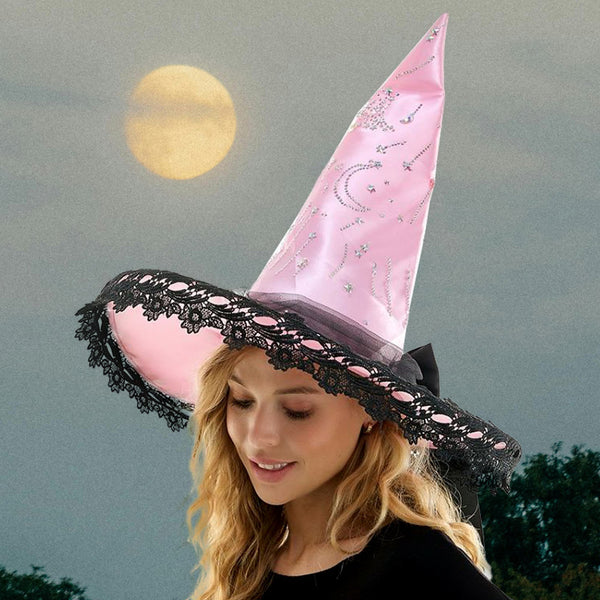 Pink Whimsical Lace Trim Starry Rhinestone Studded Halloween Witch Hat