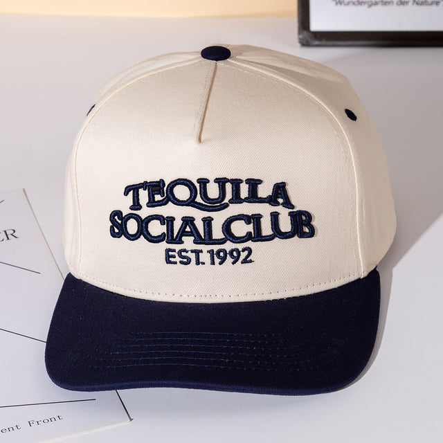 Madeline Love Navy TEQUILA SOCIAL CLUB Message Embroidered Five Panel Canvas Snapback Baseball Cap - Hats