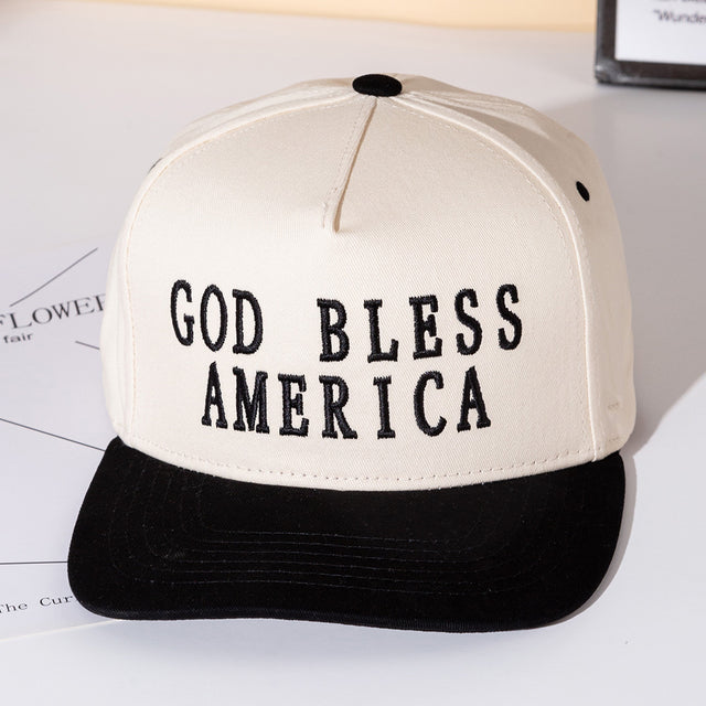 Madeline Love Black GOD BLESS AMERICA Message Embroidered Five Panel Canvas Snapback Baseball Cap - Hats