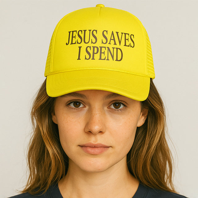 Madeline Love Yellow JESUS SAVES I SPEND Message Printed Five Panel Mesh Back Trucker Hat - Hats