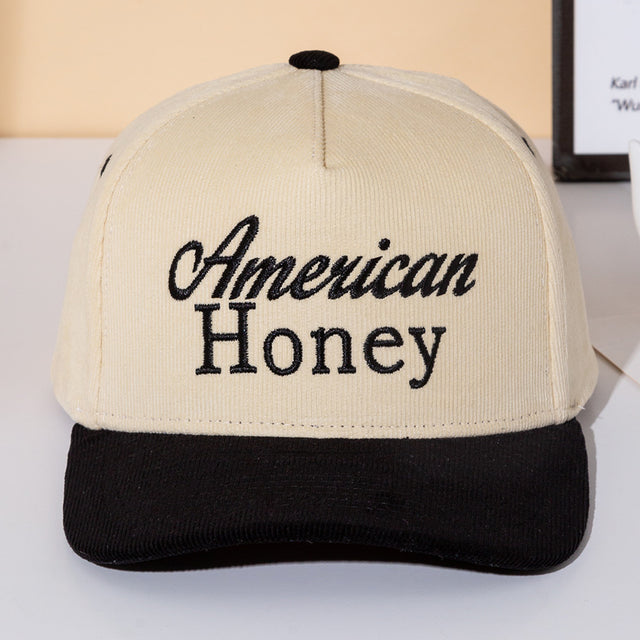 Madeline Love Black AMERICAB HONEY Message Embroidered Five Panel Canvas Snapback Baseball Cap - Hats