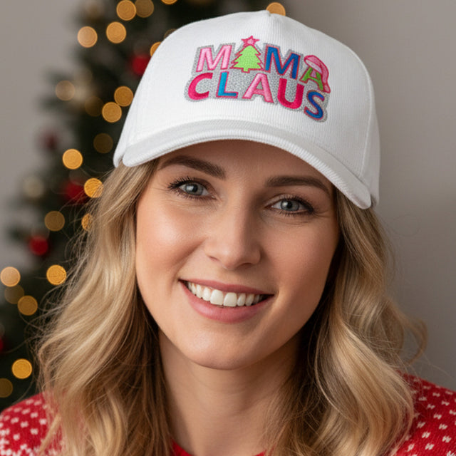 Madeline Love White MAMA CLAUS Message Embroidered Corduroy Baseball Cap - Hats