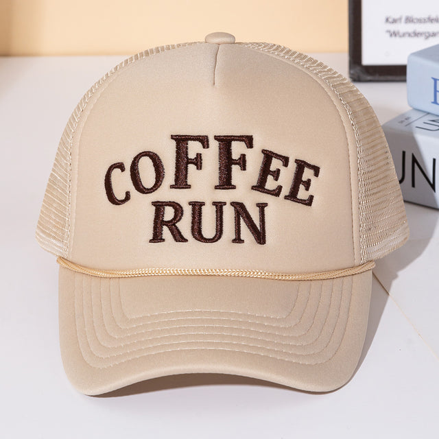 Madeline Love Beige COFFEE RUN Embroidered Mesh Back Trucker Cap - Hats