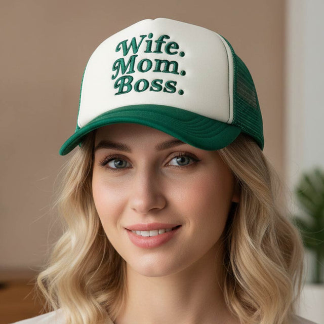 Madeline Love Green WIFE MOM BOSS Message Embroidered Trucker Hat - Hats