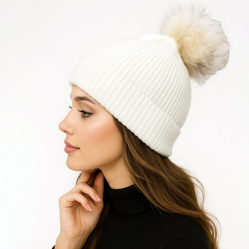 Genuine Fox Fur Pom Pom Ribbed Knit Winter Beanie Hat - White