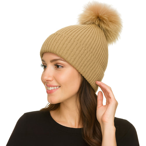 Genuine Fox Fur Pom Pom Ribbed Knit Winter Beanie Hat - Taupe