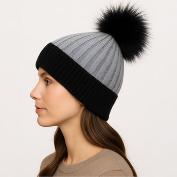 Madeline Love Gray Two Tone Real Fur Pom Knit Winter Beanie Hat - Hats