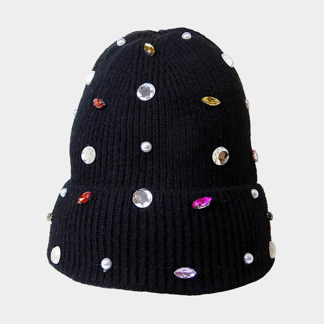 Black Pearl Jewel Embellished Fleece Lining Knit Beanie Hat