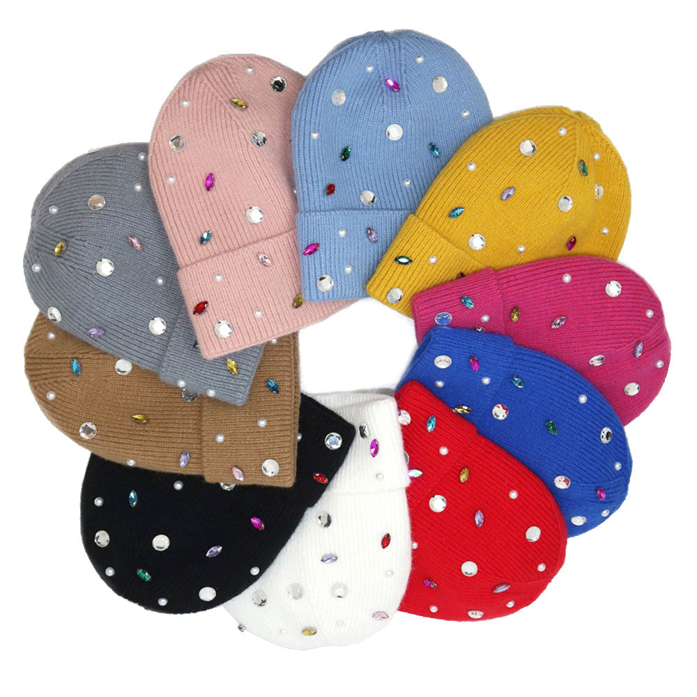Rhinestone & Pearl Jewel Embellished Fleece Lining Knit Beanie Hat FASHNZFAB Pearl Jewel Embellished Fleece Lining Knit Beanie  main image 3