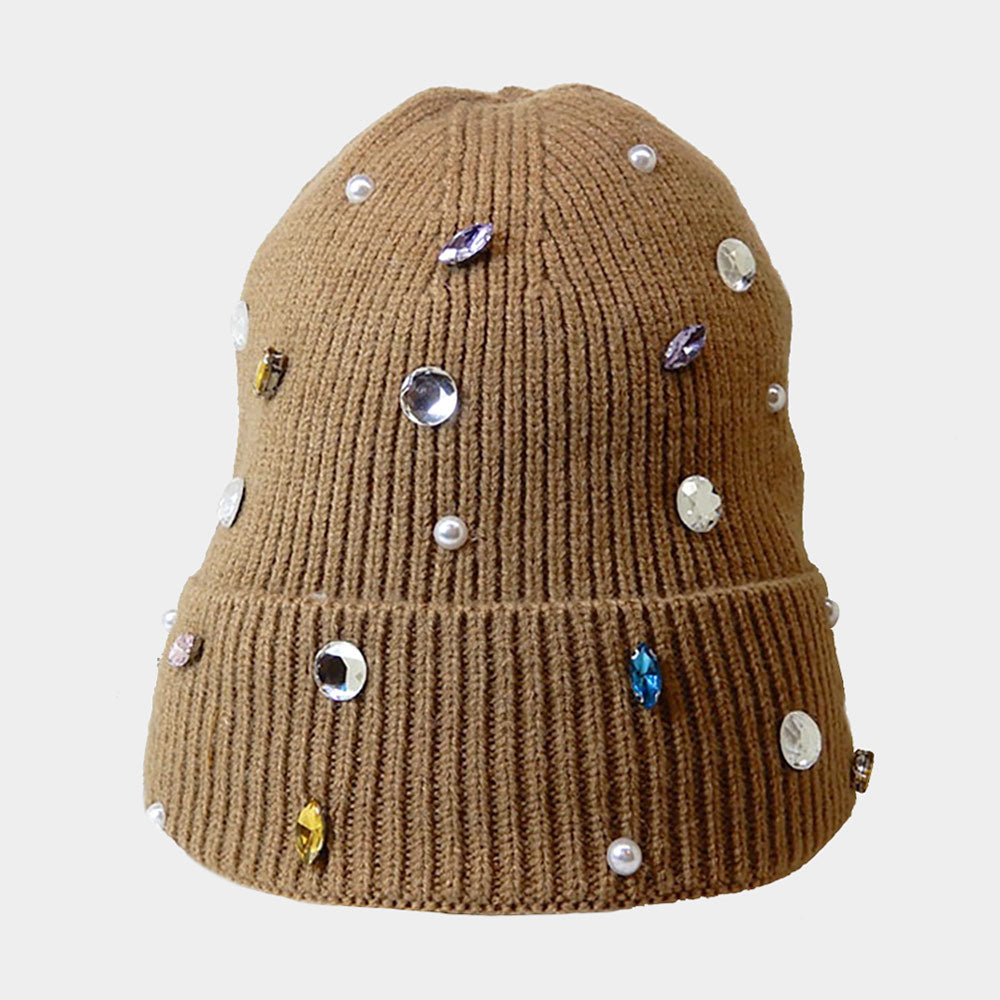 Women's Pearl Jewel Embellished Fleece Lining Knit Beanie