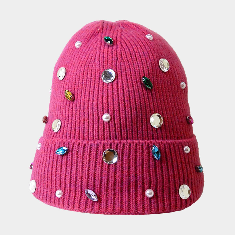 Pearl Jewel Embellished Fleece Lining Knit Beanie Hat  display picture 1