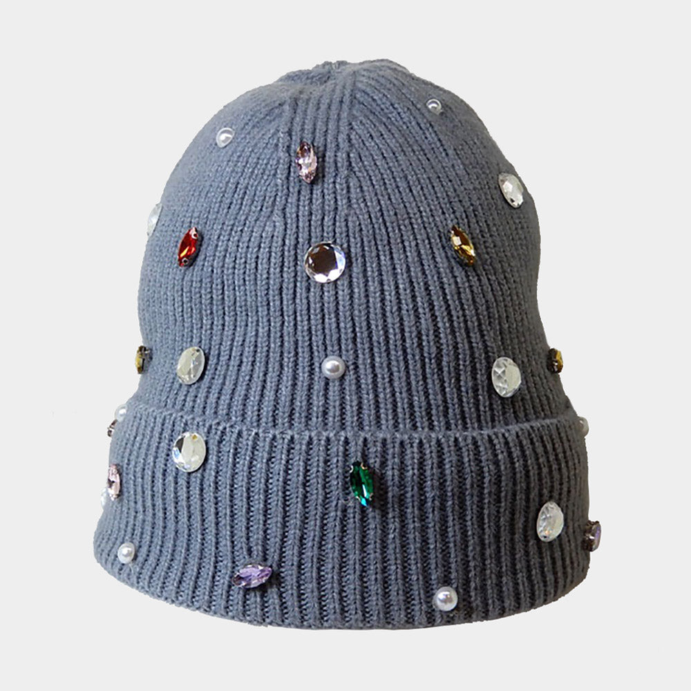 Women's Pearl Jewel Embellished Fleece Lining Knit Beanie