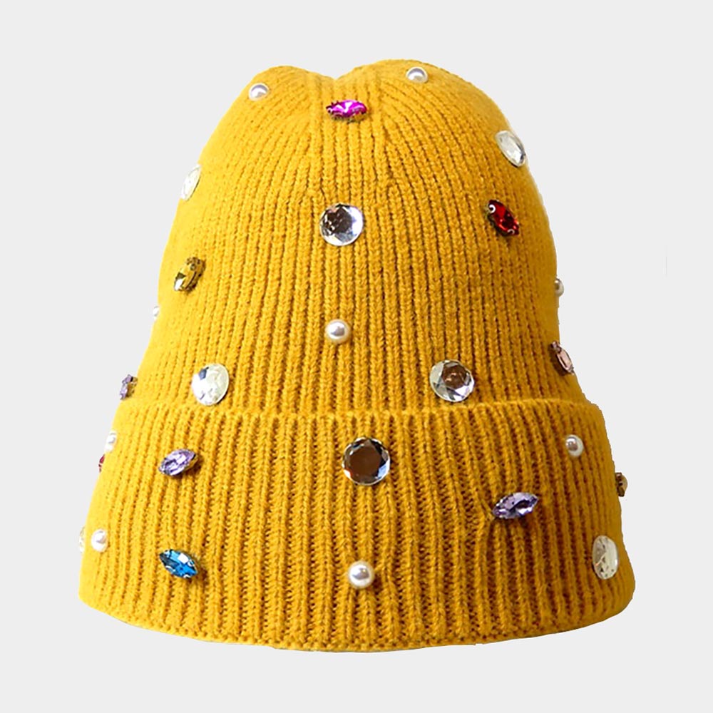 Rhinestone & Pearl Jewel Embellished Fleece Lining Knit Beanie Hat FASHNZFAB Pearl Jewel Embellished Fleece Lining Knit Beanie  main image 4