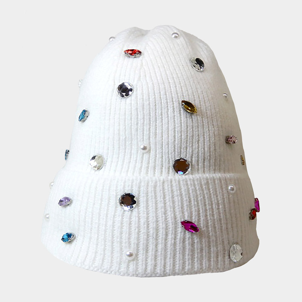 Pearl Jewel Embellished Fleece Lining Knit Beanie Hat  display picture 2