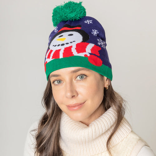 Gorro con pompón de muñeco de nieve y copo de nieve - Marina de guerra
